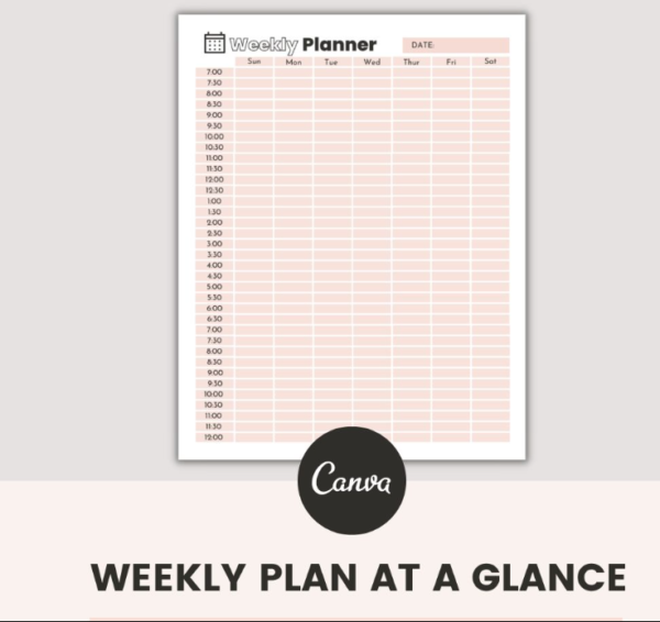 weekly planner, with hours and days, editable in Canva
