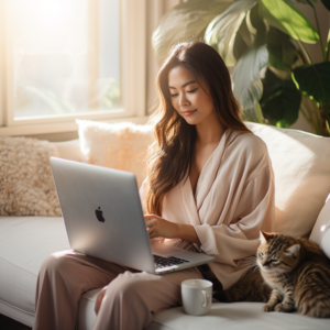 woman with a cat and a computer