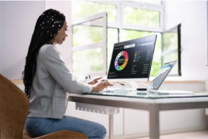 tracking your metrics, seeing what works, woman with a pie graph on a screen