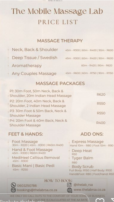 Price list of massage treatments. See post for the prices. 