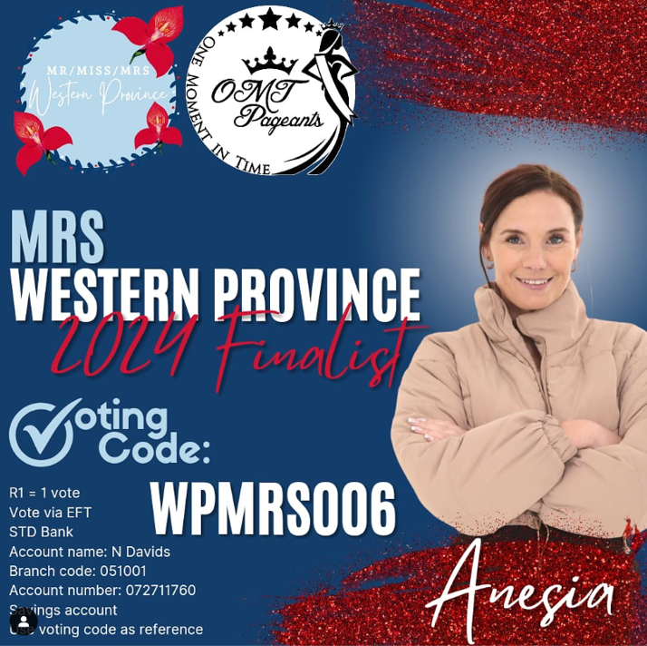 Anesia is a finalist in Mrs Western Province. 