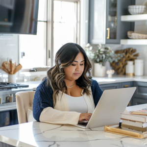 Hispanic woman typing on a laptop