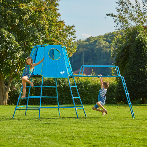 jungle gym with two chidlren playing on the metal frame, which also has some plastic sheeting. 