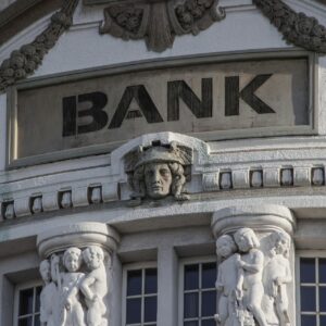 bank with sculptures in front