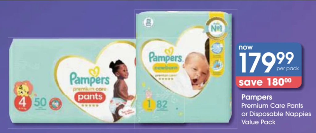 Pampers R179 per pack at Clicks