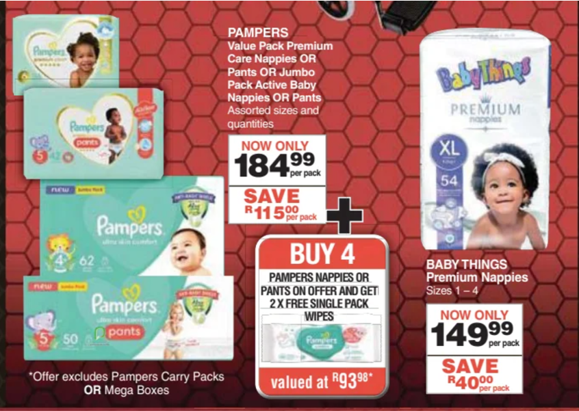 Dischem Black Friday deal: Pampers nappies R184.99 per pack. If you buy four you get 2 free single pack wipes. 