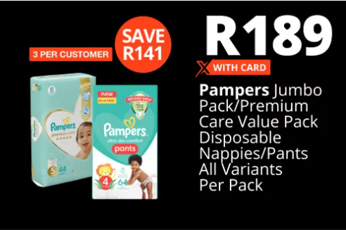 Checkers nappies R189 with card for Pampers jumbo pack/ premium care value pack