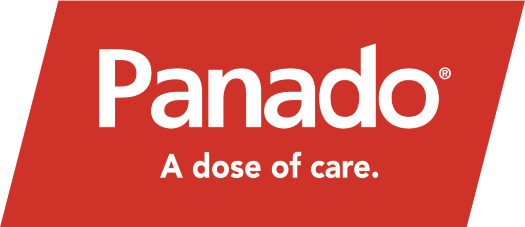 Panado: A dose of care: white text written on red background. 