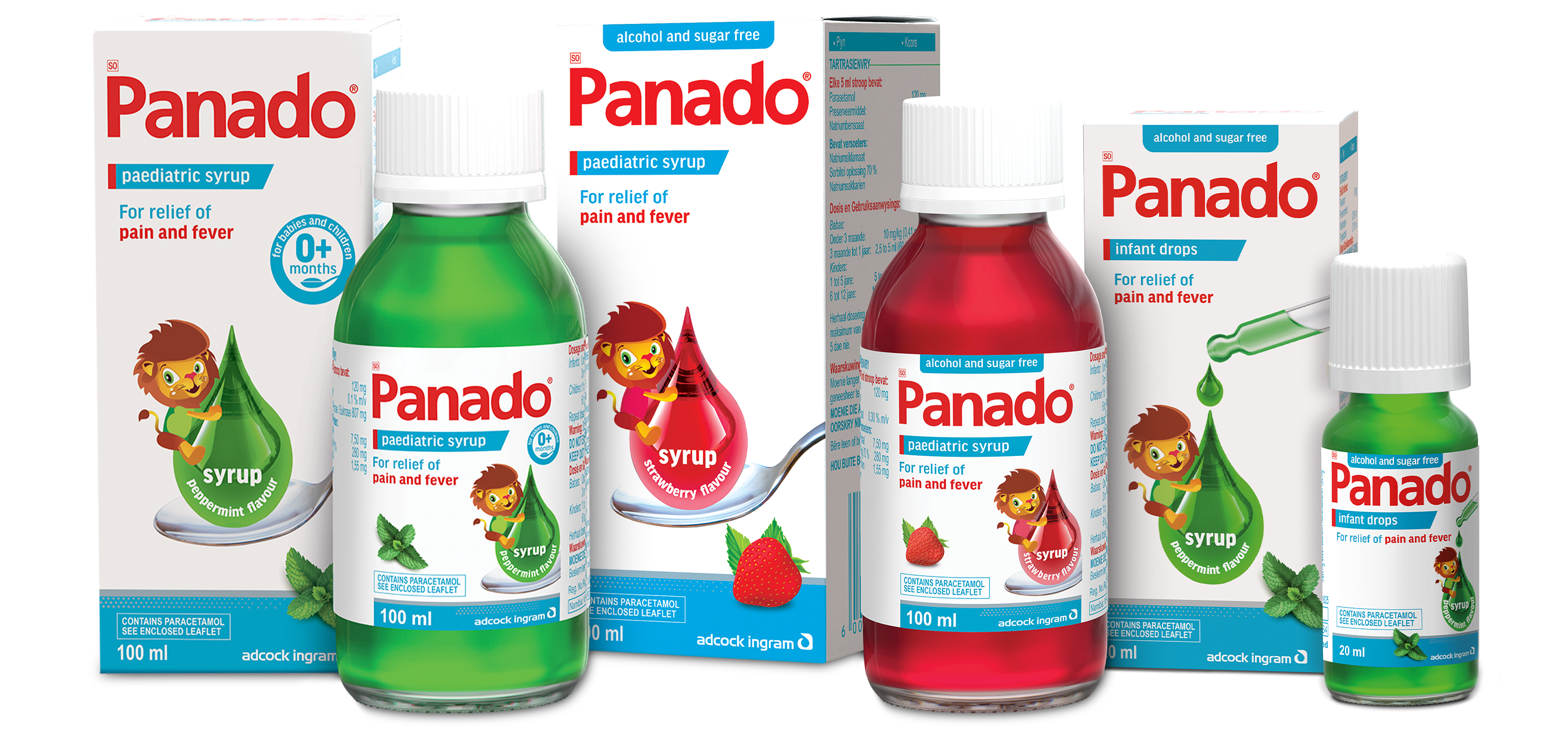 Panado syrups for baby pain and fever - strawberry and mint flavour