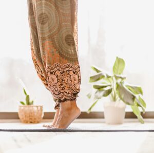 Calf raises: a woamn with brown patterned pants standing on her tip toes. Plants in the background. 