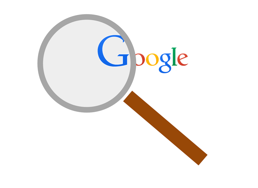 Google with a magnifying glass. Keyword research