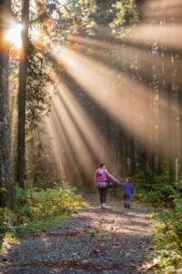 mom going for a walk in the woods with her child