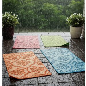 Waterproof mats in the rainy season with some flower pots and rain