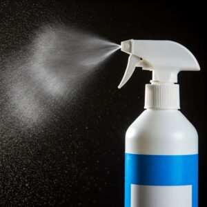 antimicrobial spray. A big white bottle spraying against a black background. 