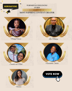 Most Inspiring Content Creator: Purposefully Influencing Awards. Nominations: Mandisa Kheswa Mandy Careswa @mandy_careswa
Samkelo and Mbali @samkelo__shezi
Live Mabeqa @livemabeqa (Facebook)
Nonkululeko Shibula @nonkululekoshiburi
Nolokholo @nolukho_madikane