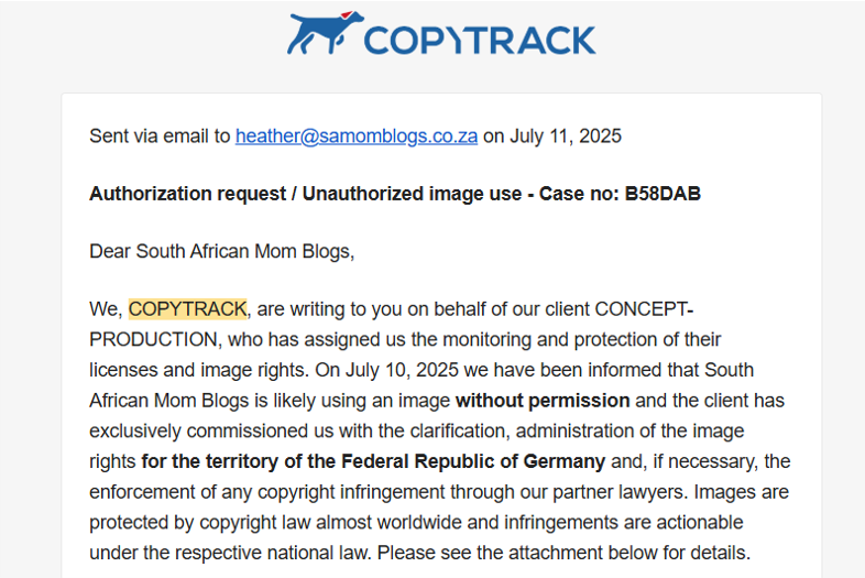 Email from CopyTrack from Germany about copyright law. It's a scam. 
