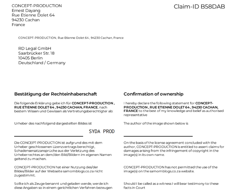 Document from CopyTrack showing "Syda Prod" as the author of the image. 