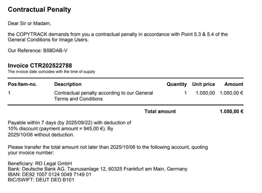 Invoice from CopyTrack demanding 1050 Euros because I did not take the image down in 14 days. CopyTrack Scam. 