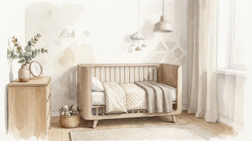 Minimalist cot. A wooden baby crib with soft white bedding sits centered against a muted gray wall. Gentle watercolor brushstrokes define the peaceful nursery furniture and serene sleeping area.