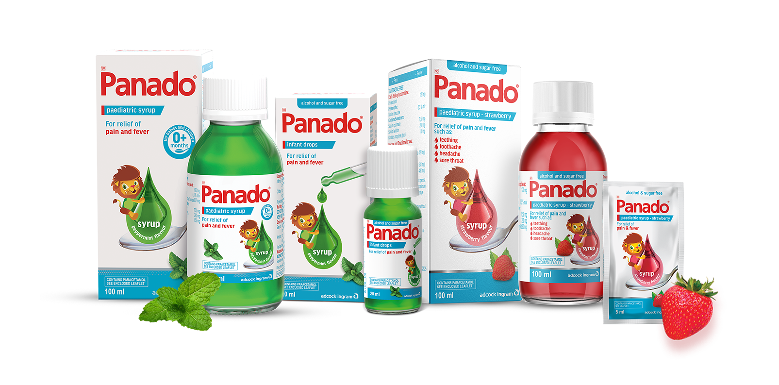 Paed range shot of Panado syrups for kids - peppermint and strawberry flavour