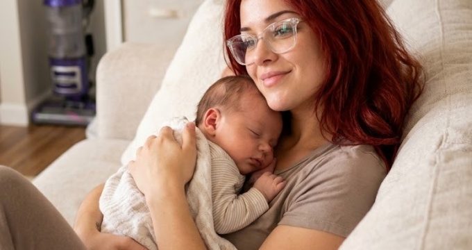 A mom with a newborn on the sofa