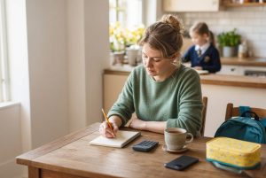 A mom at her kitchen table working out her monthly budget with a notepad and calculator