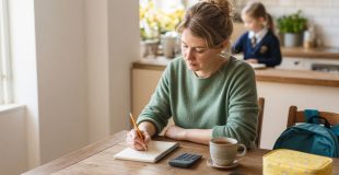 A mom at her kitchen table working out her monthly budget with a notepad and calculator