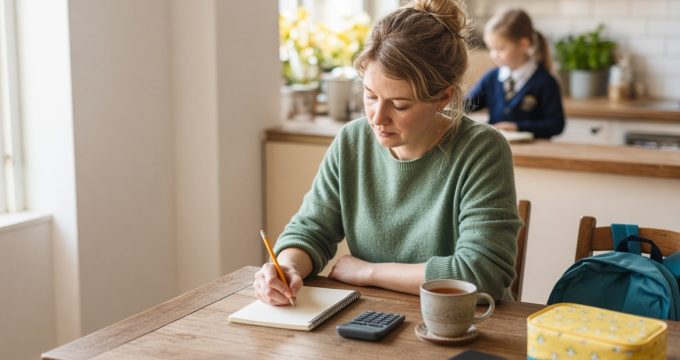 A mom at her kitchen table working out her monthly budget with a notepad and calculator